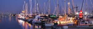 Boats docked at night, with Christmas lights and holiday decor