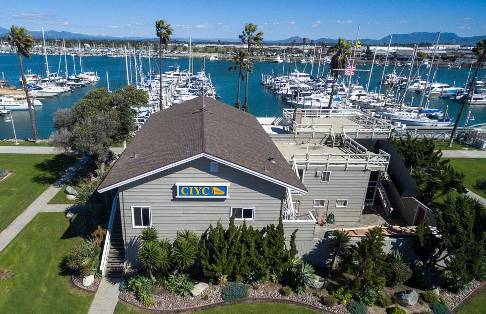 Aerial view of the Channel Islands Yacht Club and marina
