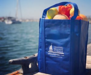 A food-drive bag full of groceries with a view of the harbor