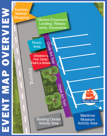 Event map showing parking, picnic area, farmers market, childrens fun zone, chalk art trail, Marine Emporium Landing, boating center, and maritime museum activity area.