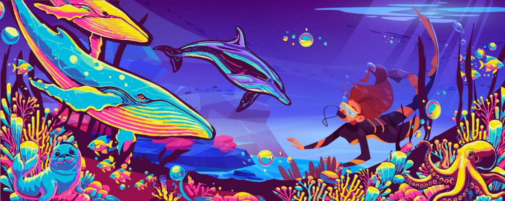 A diver in colorful underwater scene with vibrant whales, dolphins, fish, an otter, and an octopus, set against a blue ocean backdrop.