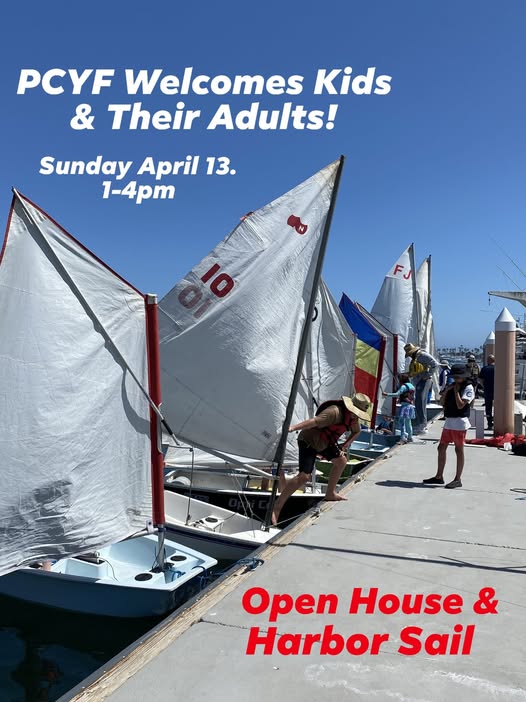 A line of sailboats docked with people preparing them. Text overlaying the image announces an open house and harbor sail event on Sunday, April 13, from 1-4 pm.