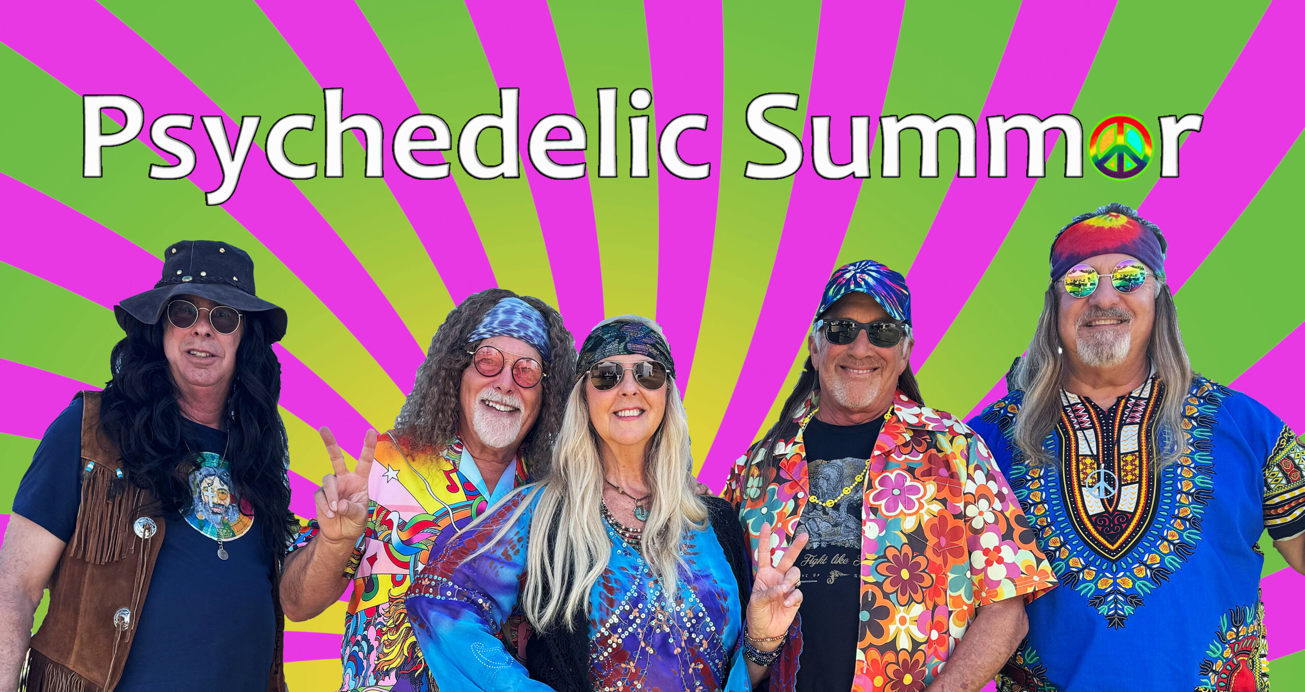 Five adults in colorful, psychedelic clothing and accessories stand in front of a bright, pink and green radial background with the text Psychedelic Summer above them.