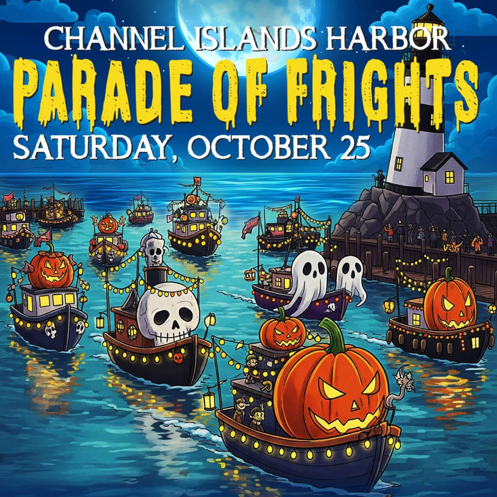 Halloween boat parade at Channel Islands Harbor with spooky decorated boats and pumpkins.