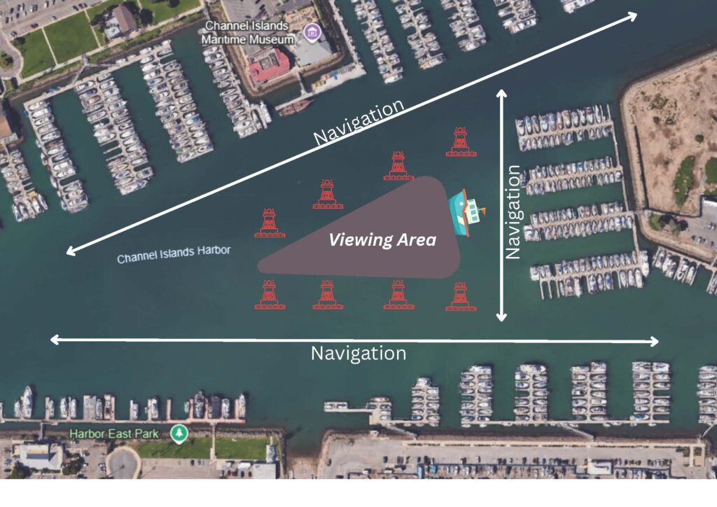 Aerial view of Channel Islands Harbor with labeled navigation routes, a marked viewing area in the water, and marina docks on both sides.