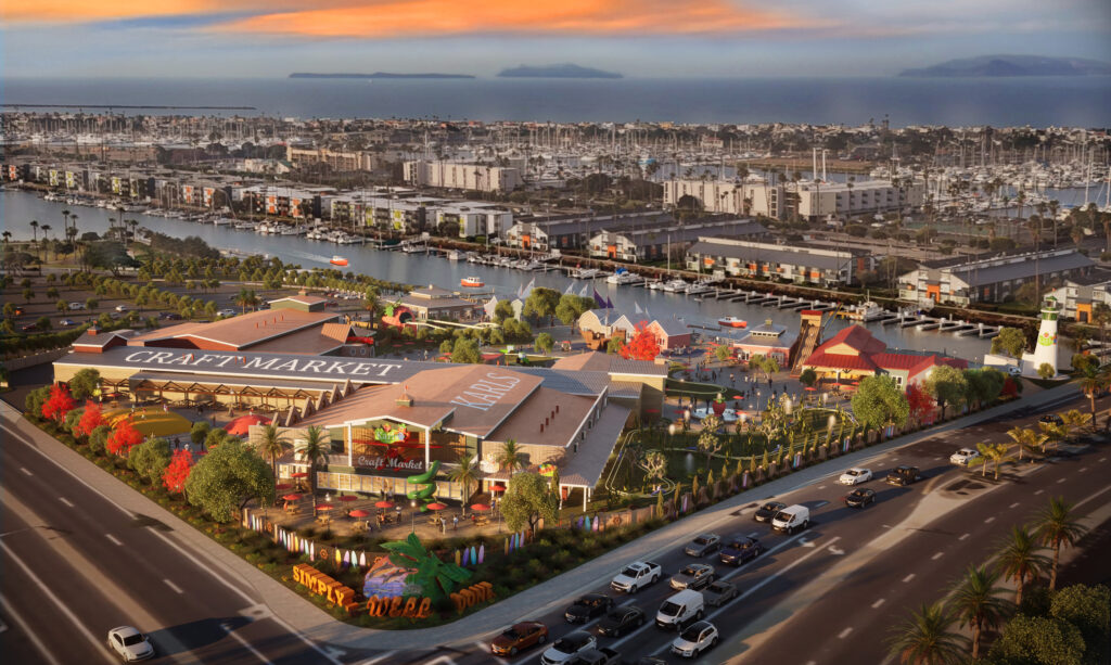 Aerial view of a waterfront shopping and dining complex labeled Craft Market, with nearby boats, parked cars, palm trees, and a coastal city skyline at sunset.
