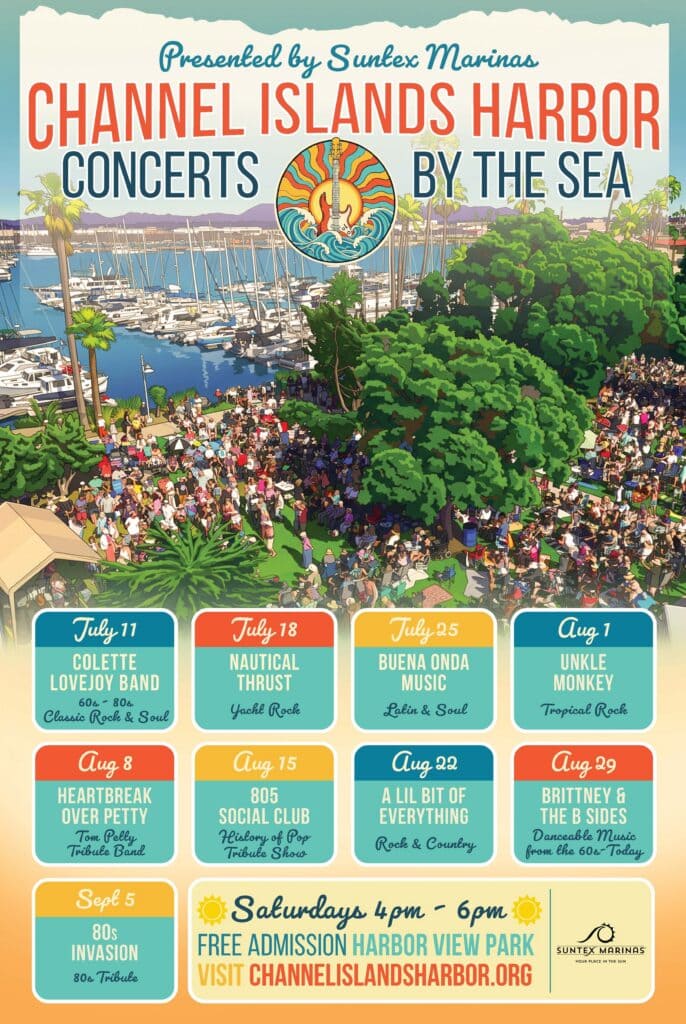 Outdoor concert at Channel Islands Harbor with boats and audience.